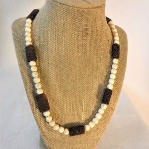 Handmade Necklace in Brown Lava & Cream Beads 20"